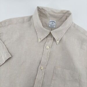 Brooks Brothers Mens XL Linen Button Down Shirt Regular Fit Short Sleeve Tan